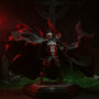 Black fabric cape with flame-like torn edges draped over a Spawn-style action figure on a pedestal, lit by red spotlight in a gothic backdrop with fog and chains.