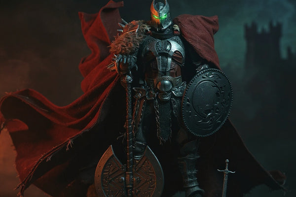 Medieval action figure cape displayed on a mossy rock base with castle backdrop and fog