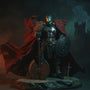 Medieval action figure cape displayed on a mossy rock base with castle backdrop and fog