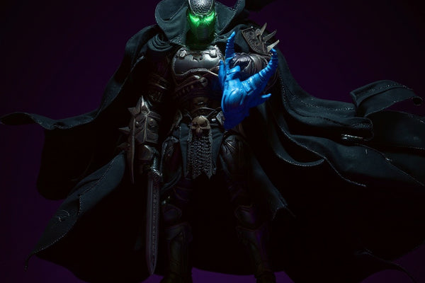 Hero image of a dark fabric cape with wire edges, posed dynamically on a medieval action figure against a bold violet gradient background.