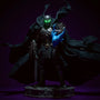 Hero image of a dark fabric cape with wire edges, posed dynamically on a medieval action figure against a bold violet gradient background.
