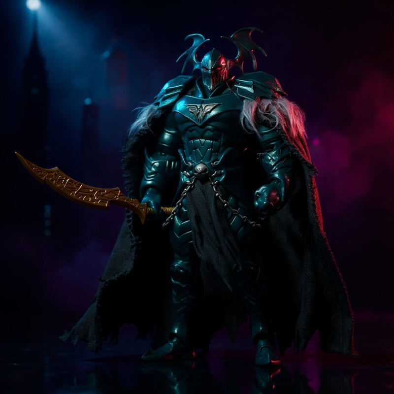 Black fabric action figure cape with internal wire framework and hand-sewn seams, flowing dramatically against a dark gothic city skyline with spotlight and smoke, bold gradient background.