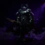 Black wired fabric cape in dramatic wind-blown pose on diorama base, gothic skyline backdrop.