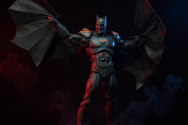 Black wire-edged fabric cape draped over an armored Batman action figure in a gothic diorama with red and blue LED lighting and smoke.