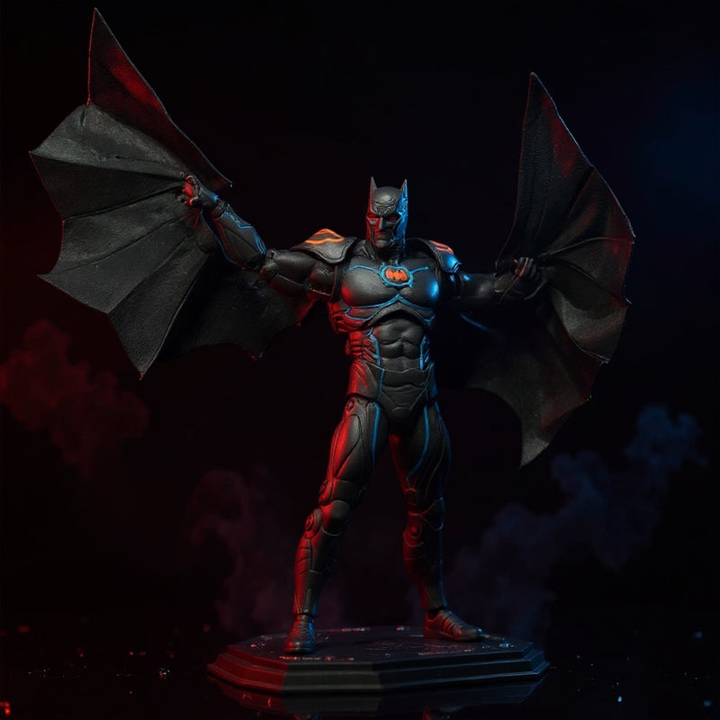 Black wire-edged fabric cape draped over an armored Batman action figure in a gothic diorama with red and blue LED lighting and smoke.