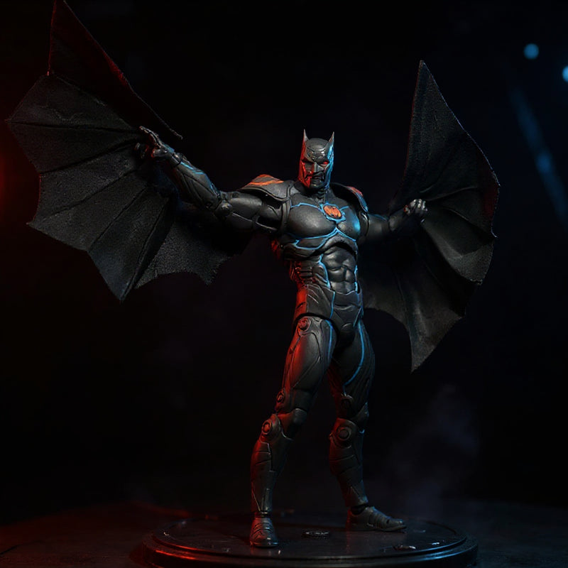 Black fabric cape with wire edges draped over an armored Batman-style 7-inch figure in a Batcave diorama with red and blue LED lighting and smoke.