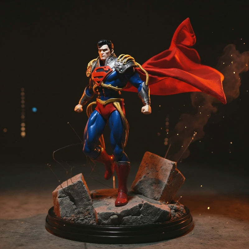 Handmade deep red cloth cape with gold trim on a McFarlane action figure, posed dramatically on a cracked concrete diorama with city skyline backdrop and red/yellow gel lighting.