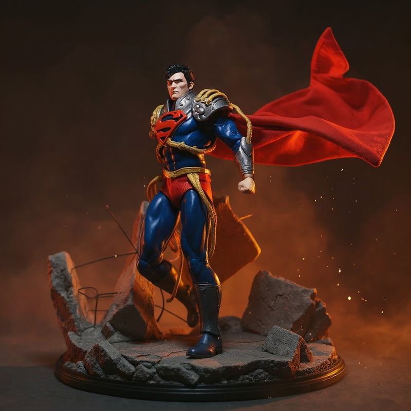 Deep red fabric cape with gold trim on action figure, dramatic city backdrop, red and yellow lighting.