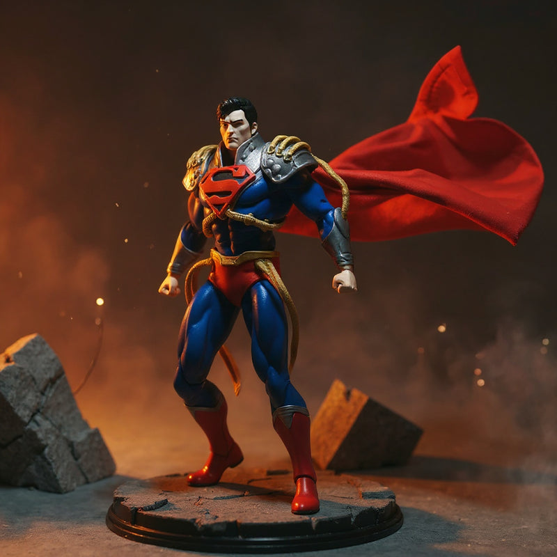 Wired deep red cape with gold trim on action figure torso on cracked concrete base with red-yellow backlight and city skyline