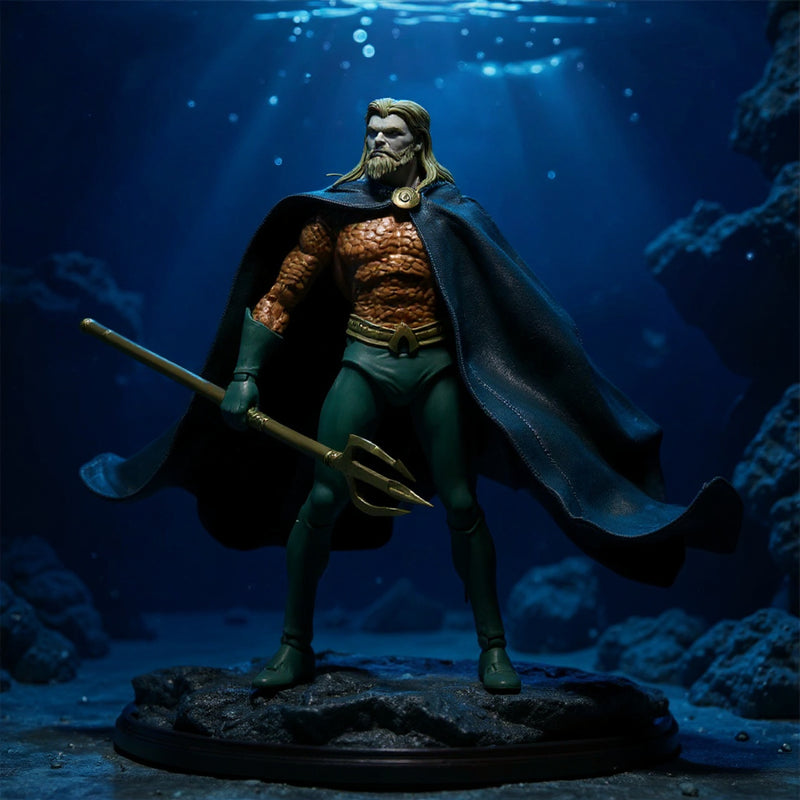 Dark blue teal fabric cape with wire framework displayed in underwater diorama with trident prop and blue gel lighting