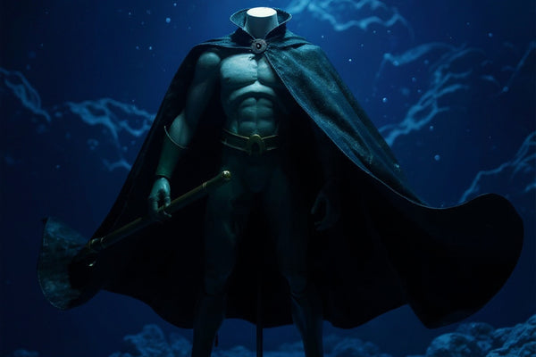 Dark blue/teal wire-edge cape draped on mannequin stand in underwater diorama with blue gel lighting.