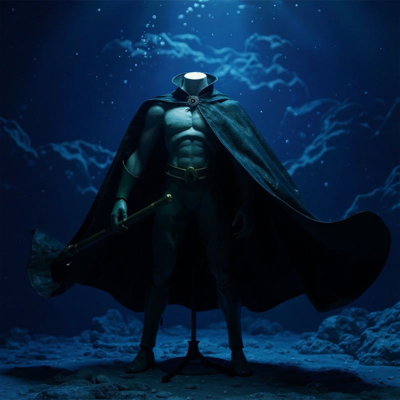 Dark blue/teal wire-edge cape draped on mannequin stand in underwater diorama with blue gel lighting.