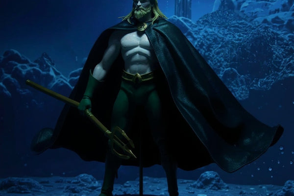 Handmade replacement cape displayed in underwater diorama with trident.