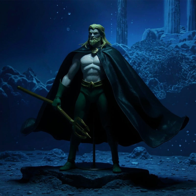 Handmade replacement cape displayed in underwater diorama with trident.