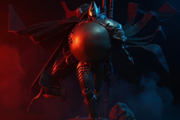 Hero image of a 7-inch action figure wearing a dynamic dark fabric cape with wire-shaped folds and red trim, posed against a moody diorama with rubble and dramatic red and blue lighting.