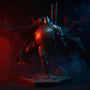 Hero image of a 7-inch action figure wearing a dynamic dark fabric cape with wire-shaped folds and red trim, posed against a moody diorama with rubble and dramatic red and blue lighting.
