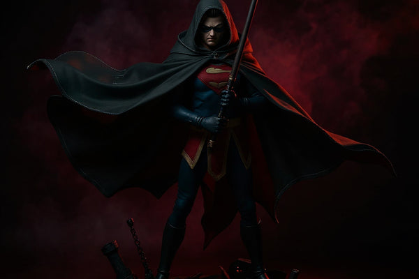 Dark flowing fabric cape with visible stitched seams and wire-outlined edges, displayed on a stand in a gothic diorama with fog, ruined cityscape, chains, and dramatic lighting.