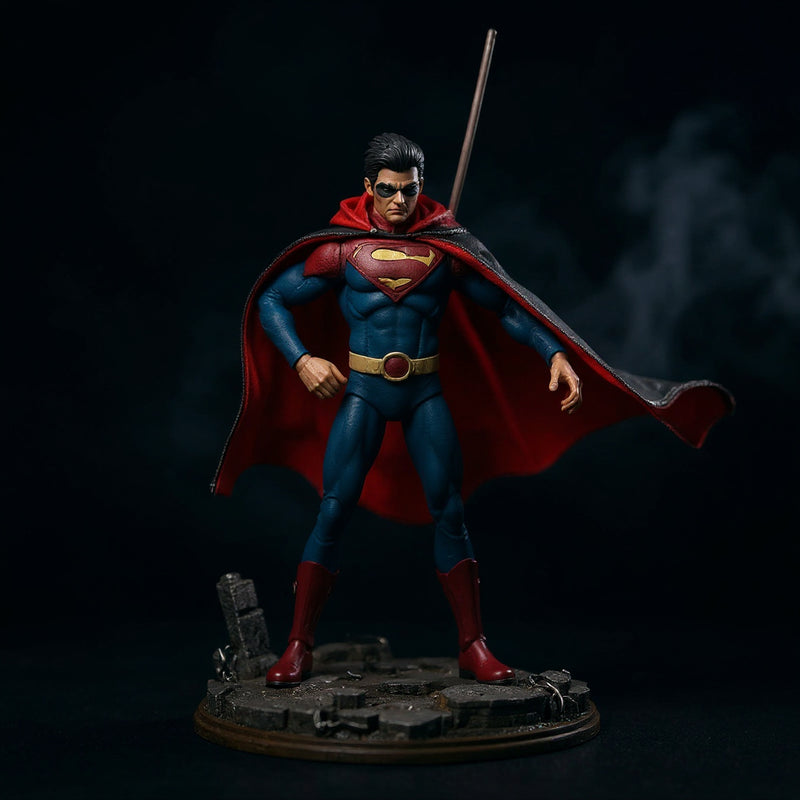 Dark flowing fabric cape with wire outline draped over action figure torso, dramatic windswept pose, gothic diorama backdrop with fog and ruined cityscape, dramatic side lighting.