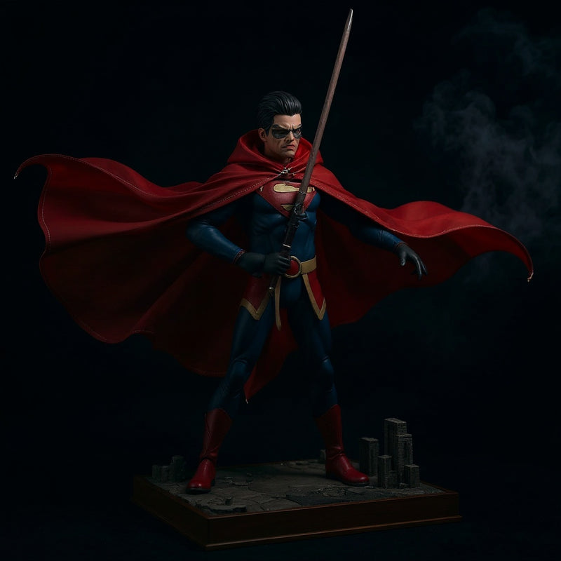 Dynamic deep red fabric cape with wired edges, posed on a display stand against a foggy gothic cityscape backdrop.