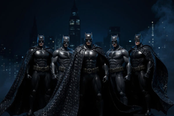 Six Batman action figures with fabric capes on a display base with Bat-Signal on a Gotham rooftop diorama.
