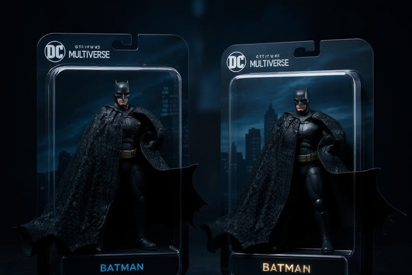 McFarlane Batman figures in blister packaging against a Gotham skyline backdrop.