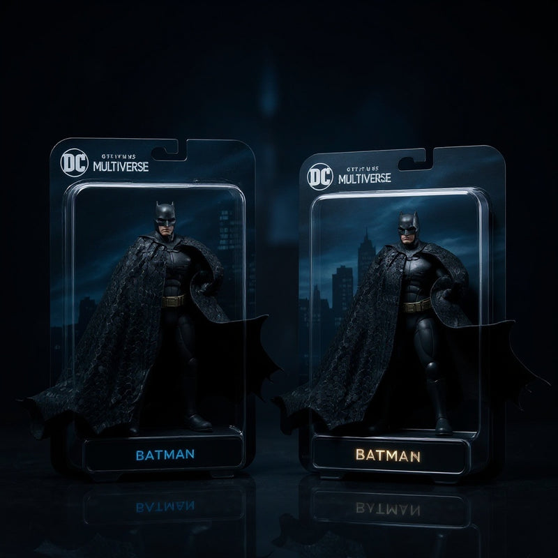 McFarlane Batman figures in blister packaging against a Gotham skyline backdrop.