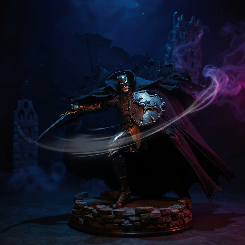 Medieval-armored Batman figure with a dark charcoal matte fabric cape, posed on stone ruins with gothic backdrop and dramatic purple lighting.