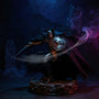 Medieval-armored Batman figure with a dark charcoal matte fabric cape, posed on stone ruins with gothic backdrop and dramatic purple lighting.