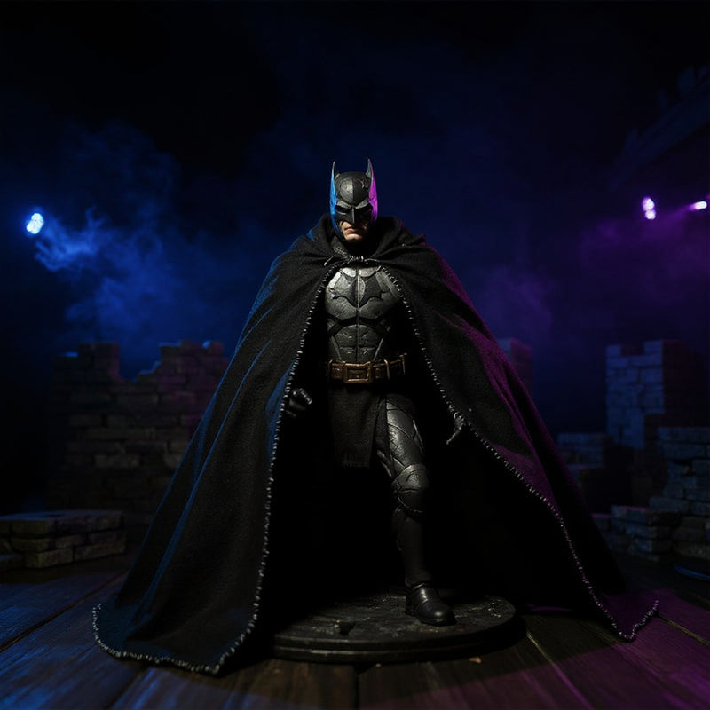 Dark charcoal-black matte fabric cape with wire-frame ridges draped over a medieval-armored Batman figure, posed before a gothic castle backdrop with blue and purple uplighting, stone ruins, and fog.