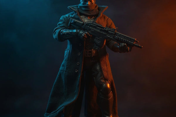Matte black fabric trench coat with wire armature draped on a dark-armored Batman action figure on a rooftop, dramatic gradient sky background.