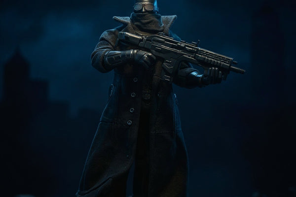 Matte black wired fabric trench coat on Batman action figure against Gotham cityscape backdrop, dramatic lighting.