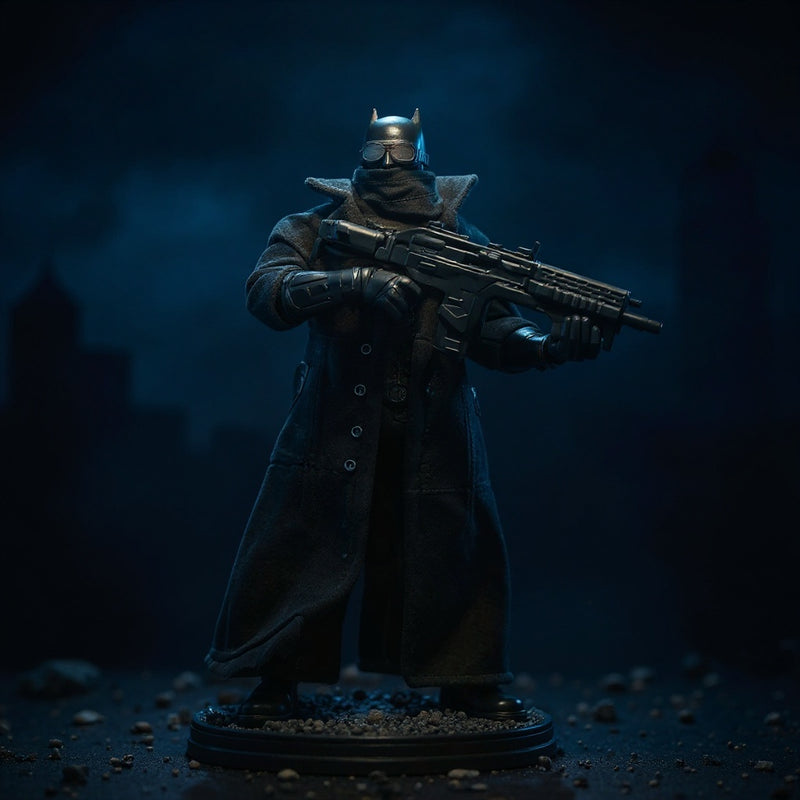 Matte black wired fabric trench coat on Batman action figure against Gotham cityscape backdrop, dramatic lighting.