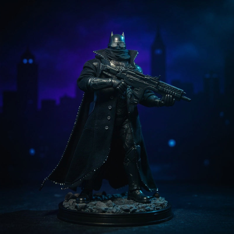 Wired action figure trench coat on Batman figure in gothic cityscape.
