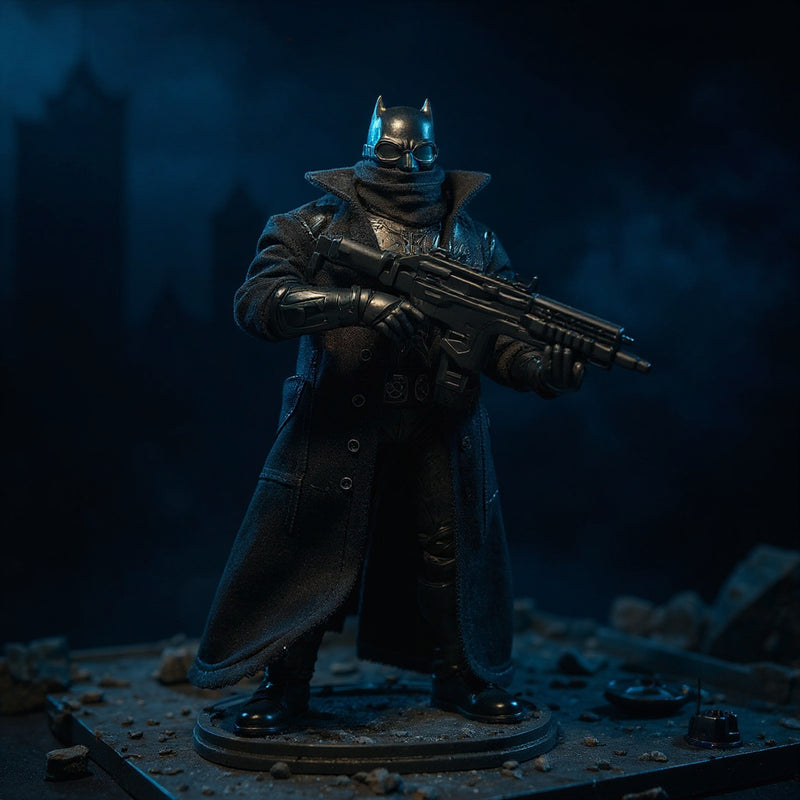 Matte black textured fabric trench coat for 7-inch action figure with wire hem and collar, draped on Batman-style figure on Gotham rooftop diorama under dramatic spotlight.
