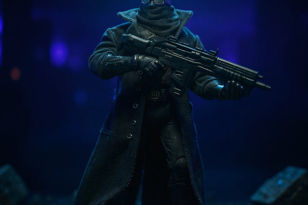 Black fabric trench coat with wire edges on Batman-style action figure on Gotham rooftop diorama, dramatic lighting.