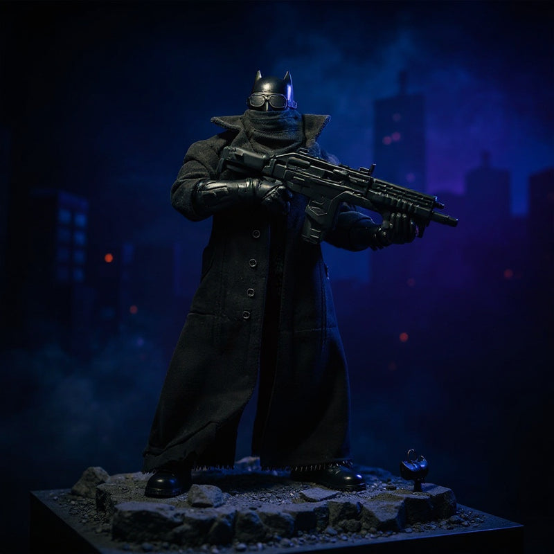 Matte black textured trench coat for 7-inch figure with wire-edged hem and collar, shown on diorama under dramatic lighting.