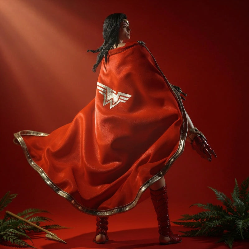 Dynamic fabric cape in earthy red and brown, draped with internal wire posing, against a bold amber-to-crimson gradient background with jungle props and fog.