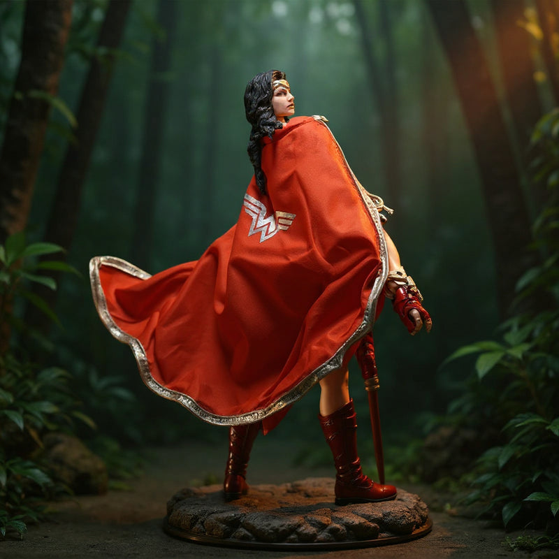 Shapeable wire fabric cape in deep red and tan draped on a 7-inch female warrior action figure, posed on rocky jungle diorama with spear and foliage.