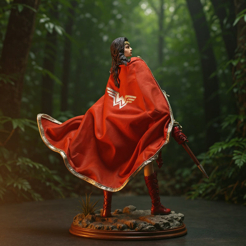 Soft goods cape on female warrior action figure in jungle diorama