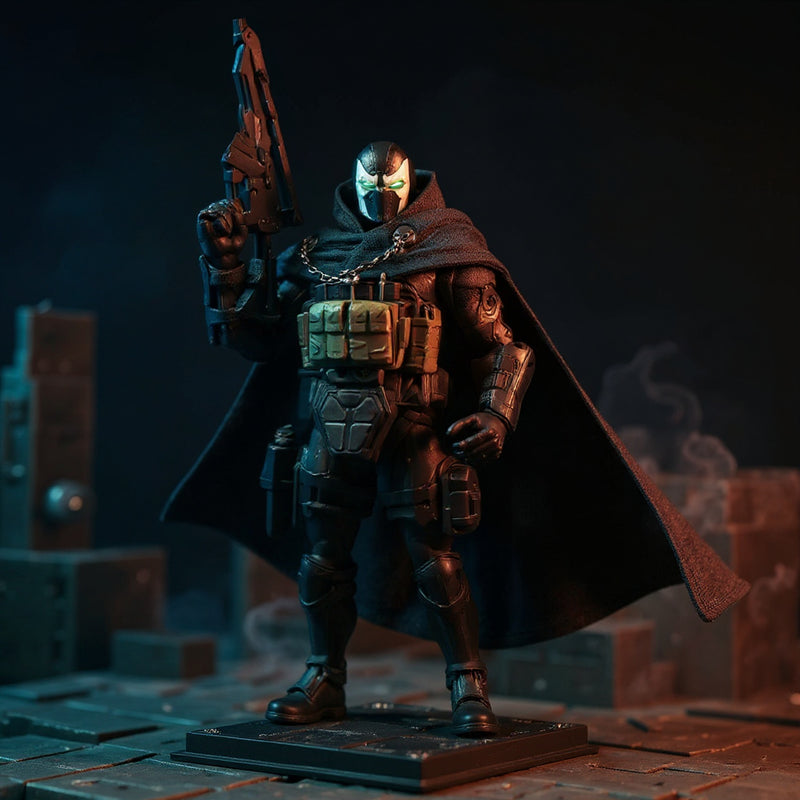 Dark tactical fabric cape and cloak on action figure in rooftop diorama with LED spotlight and fog.