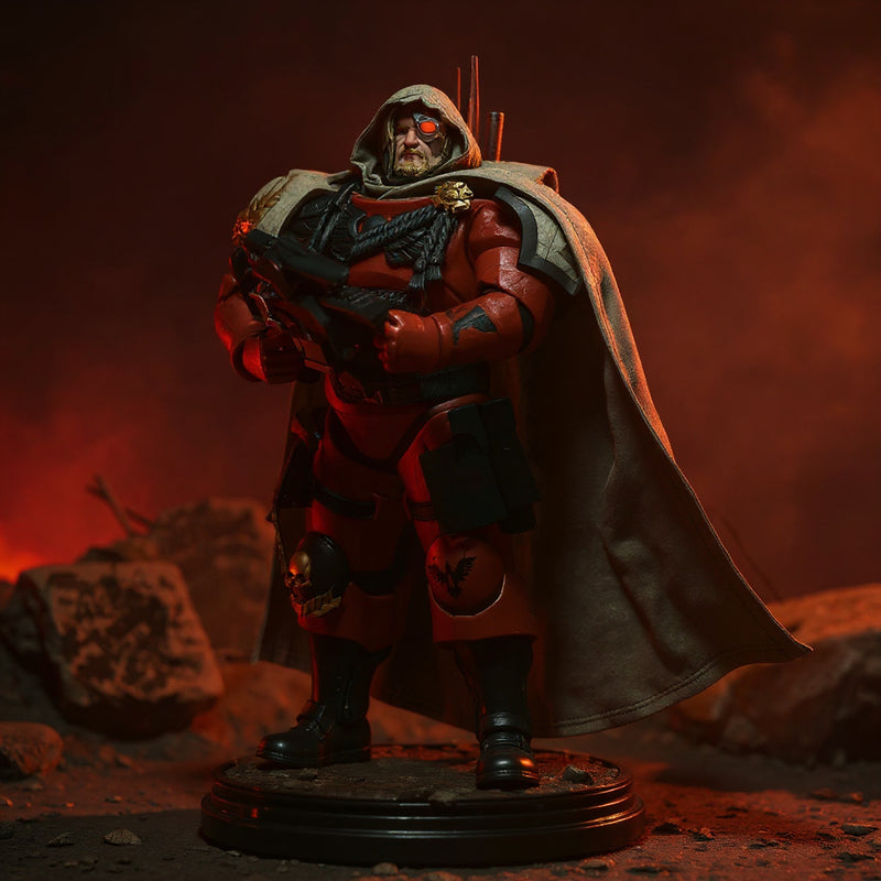 Dark red-black wired cape on a 7-inch figure in a hellscape diorama with red ambient lighting and rocky terrain.