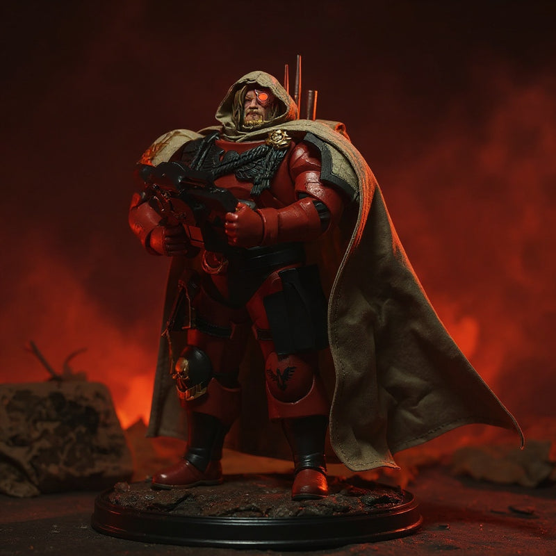 Dark red-black fabric action figure cape with visible hand-stitched seams, posed on figure in hellscape diorama with dramatic red lighting.