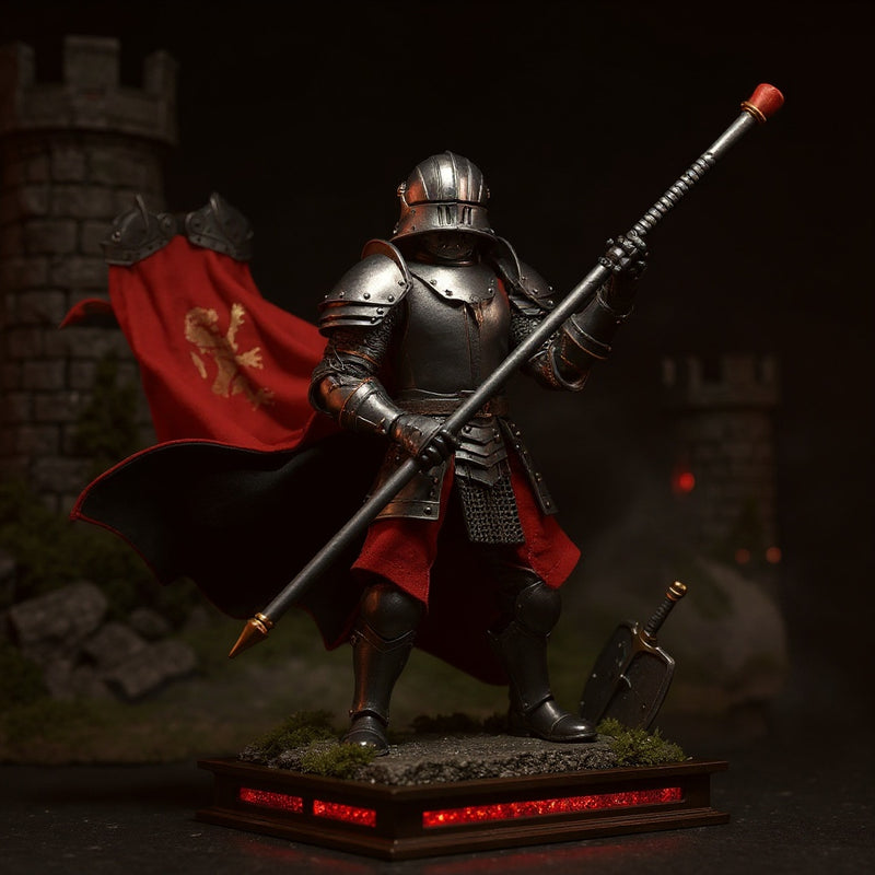 Red and black wired cape on armored knight figure in a dramatic castle diorama with fog and LED lighting.