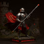 Red and black wired cape on armored knight figure in a dramatic castle diorama with fog and LED lighting.