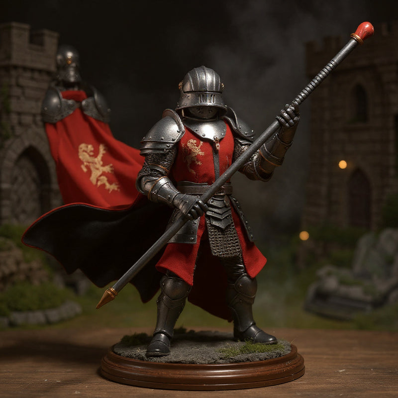 Red and black soft fabric cape on armored knight action figure in medieval castle diorama with LED lighting, sword and shield props