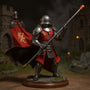 Red and black soft fabric cape on armored knight action figure in medieval castle diorama with LED lighting, sword and shield props