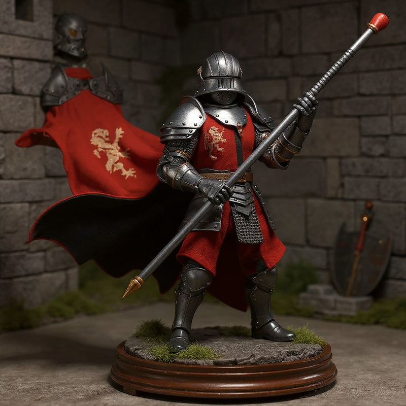 Flowing red and black wire-posable cloth cape on a 7-inch armored knight action figure, dynamic windswept pose, set against a medieval castle stone diorama with sword, shield, moss, fog, and LED-lit wooden base.