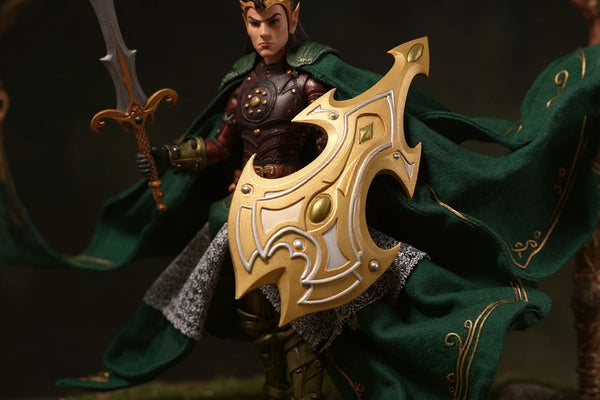 Flowing dark green and brown fabric cape on an action figure in a fantasy forest diorama with moss, rocks, and a bow, wrapped in warm directional light and fog.