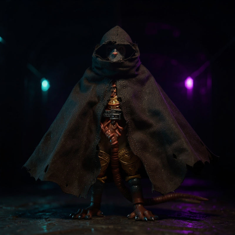 Tattered dark gray-brown fabric cloak with frayed edges draped over an action figure torso in a neon-lit gothic sewer tunnel, high contrast bold colors.