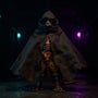 Tattered dark gray-brown fabric cloak with frayed edges draped over an action figure torso in a neon-lit gothic sewer tunnel, high contrast bold colors.